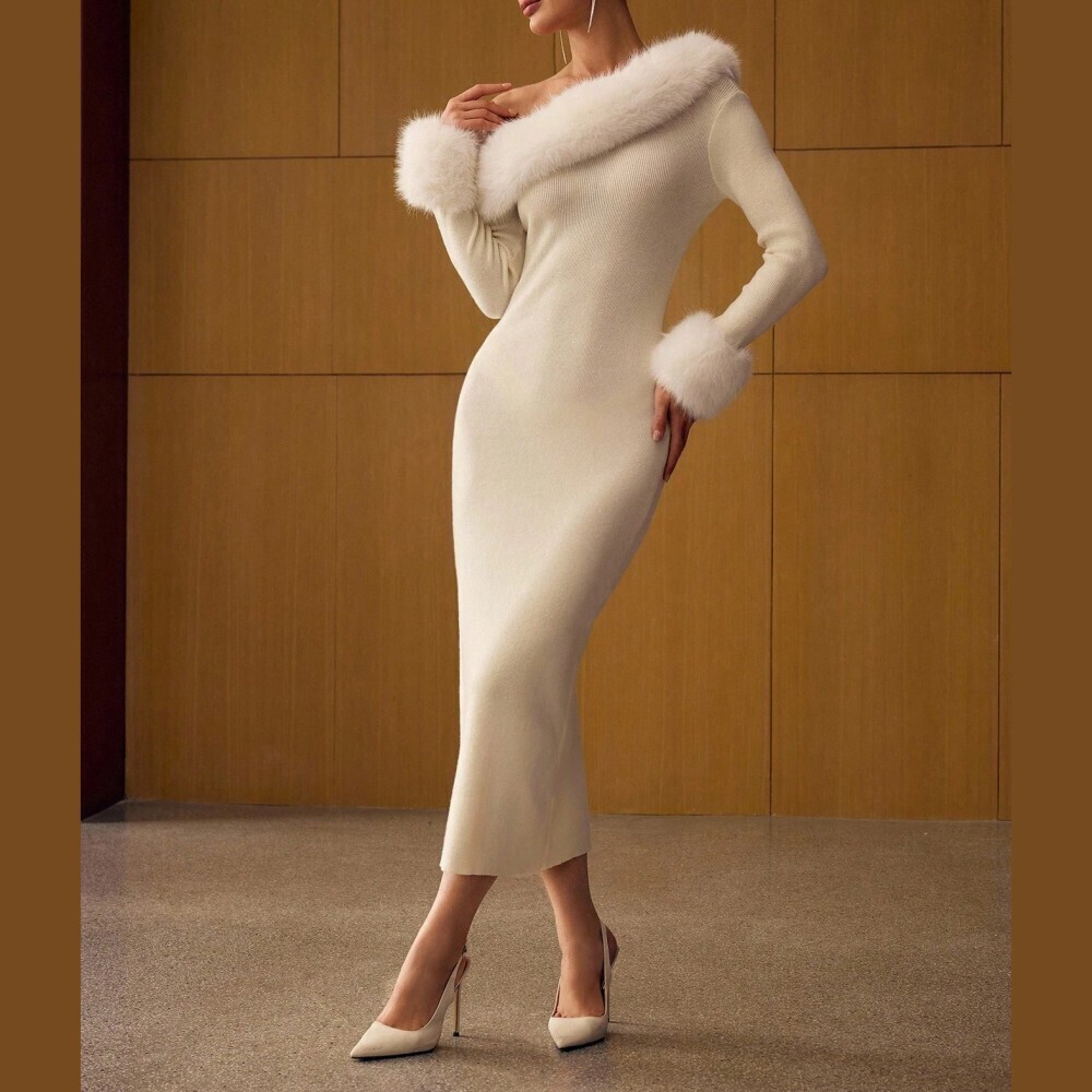 Cream Faux Fur Trim Off Shoulder Long Sleeve Sweater Dress